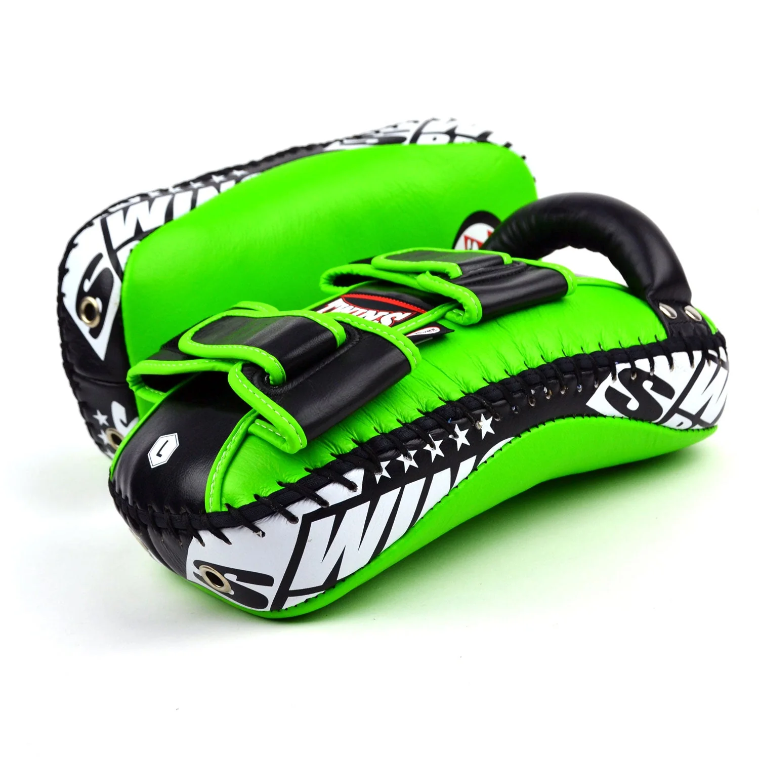 KPL10 Twins Curved Leather Thai Kick Pads Green-Black - Image 3