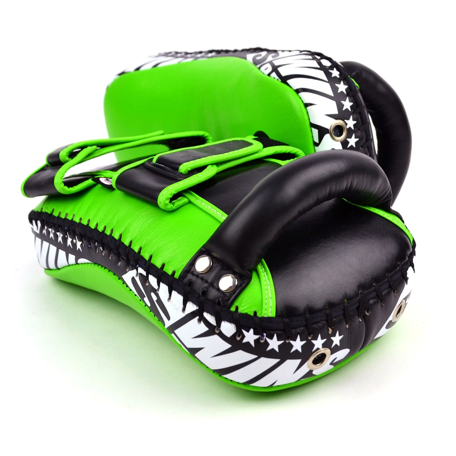 KPL10 Twins Curved Leather Thai Kick Pads Green-Black - Image 4