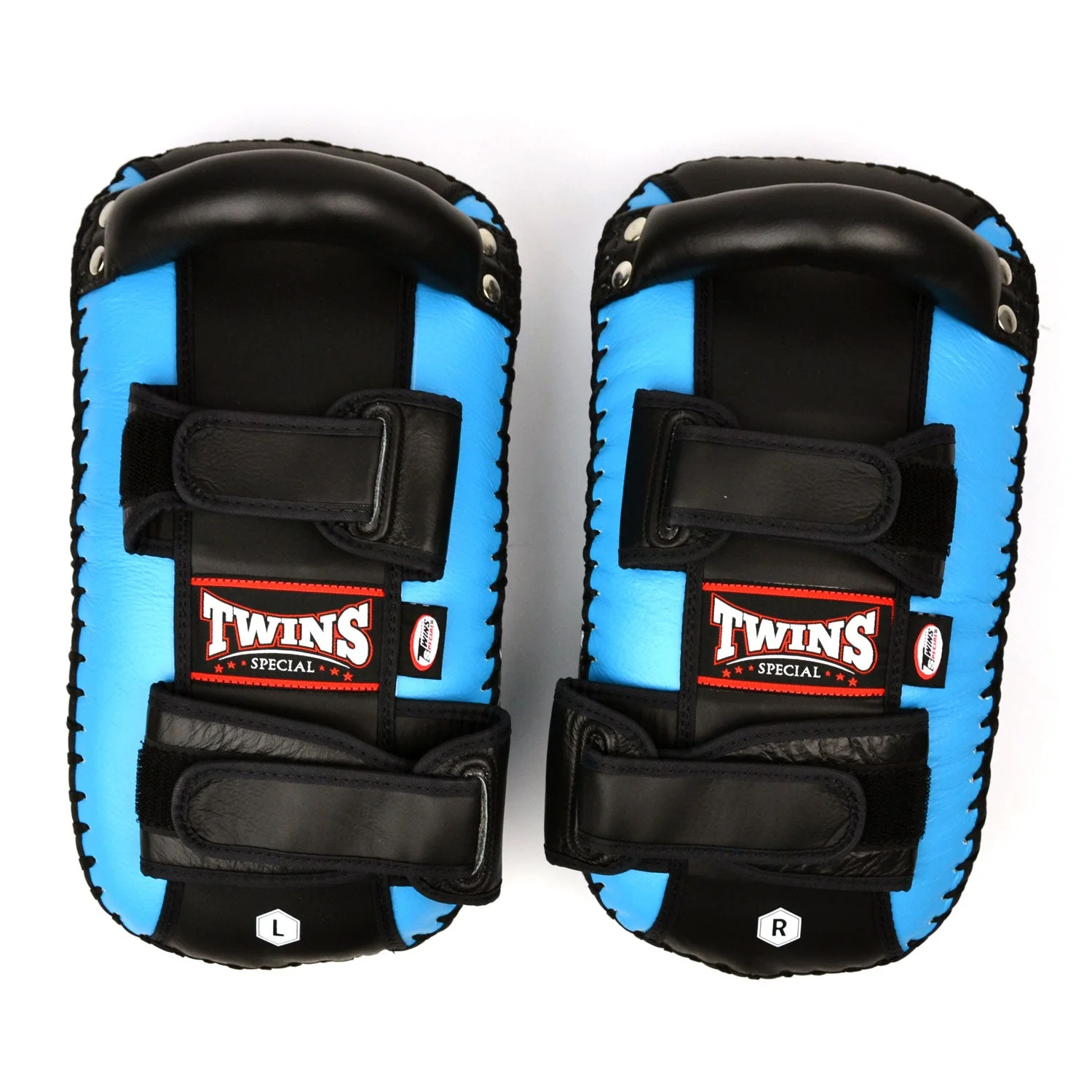 KPL10 Twins Curved Leather Thai Kick Pads Light Blue-Black - Image 2