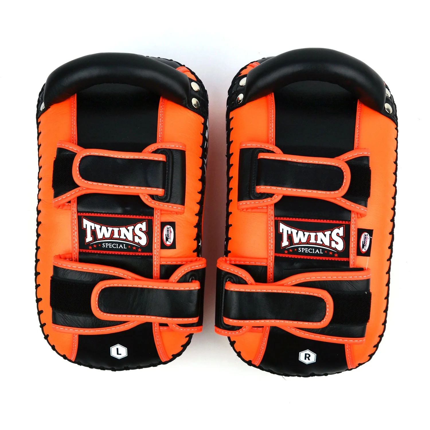 KPL10 Twins Curved Leather Thai Kick Pads Orange-Black - Image 2