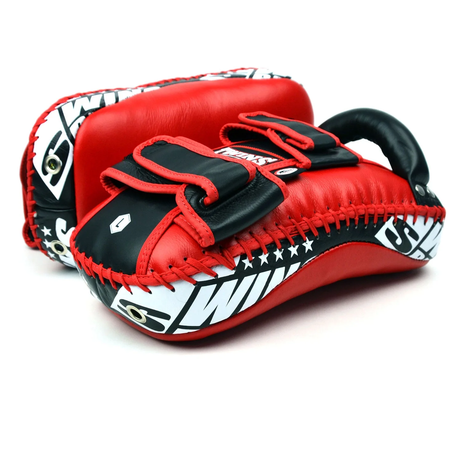 KPL10 Twins Curved Leather Thai Kick Pads Red-Black - Image 3