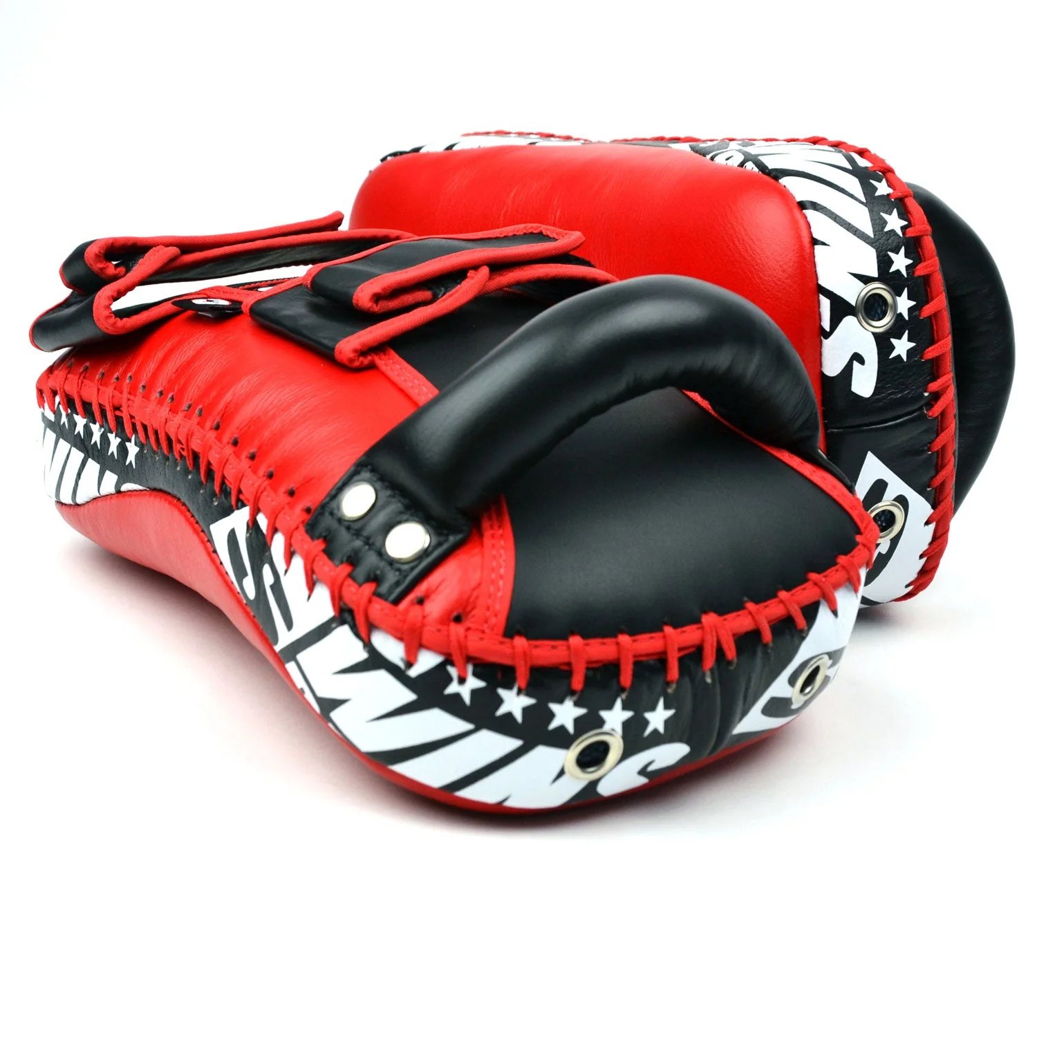 KPL10 Twins Curved Leather Thai Kick Pads Red-Black - Image 4