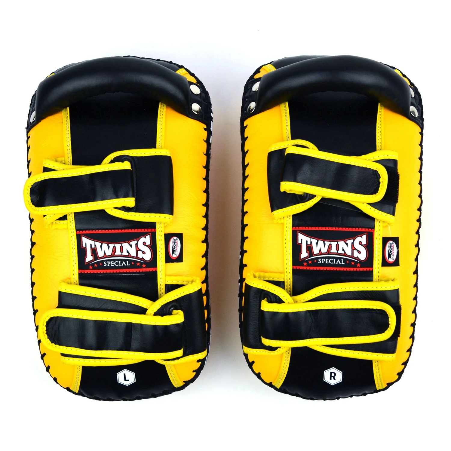 KPL10 Twins Curved Leather Thai Kick Pads Yellow-Black - Image 2