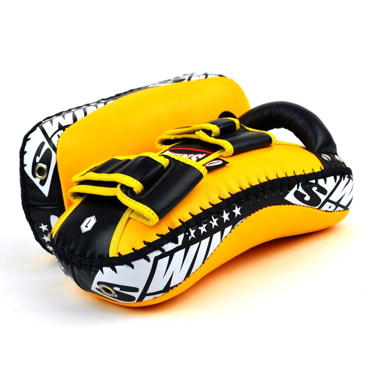 KPL10 Twins Curved Leather Thai Kick Pads Yellow-Black - Image 3