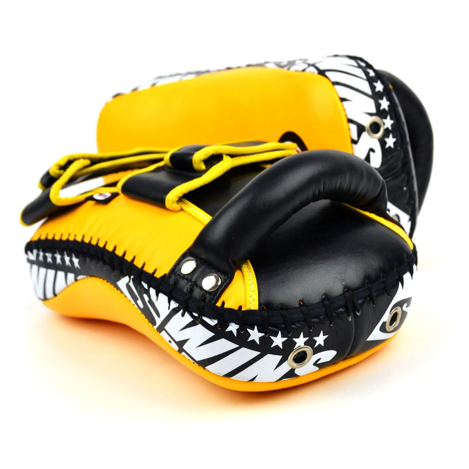 KPL10 Twins Curved Leather Thai Kick Pads Yellow-Black - Image 4