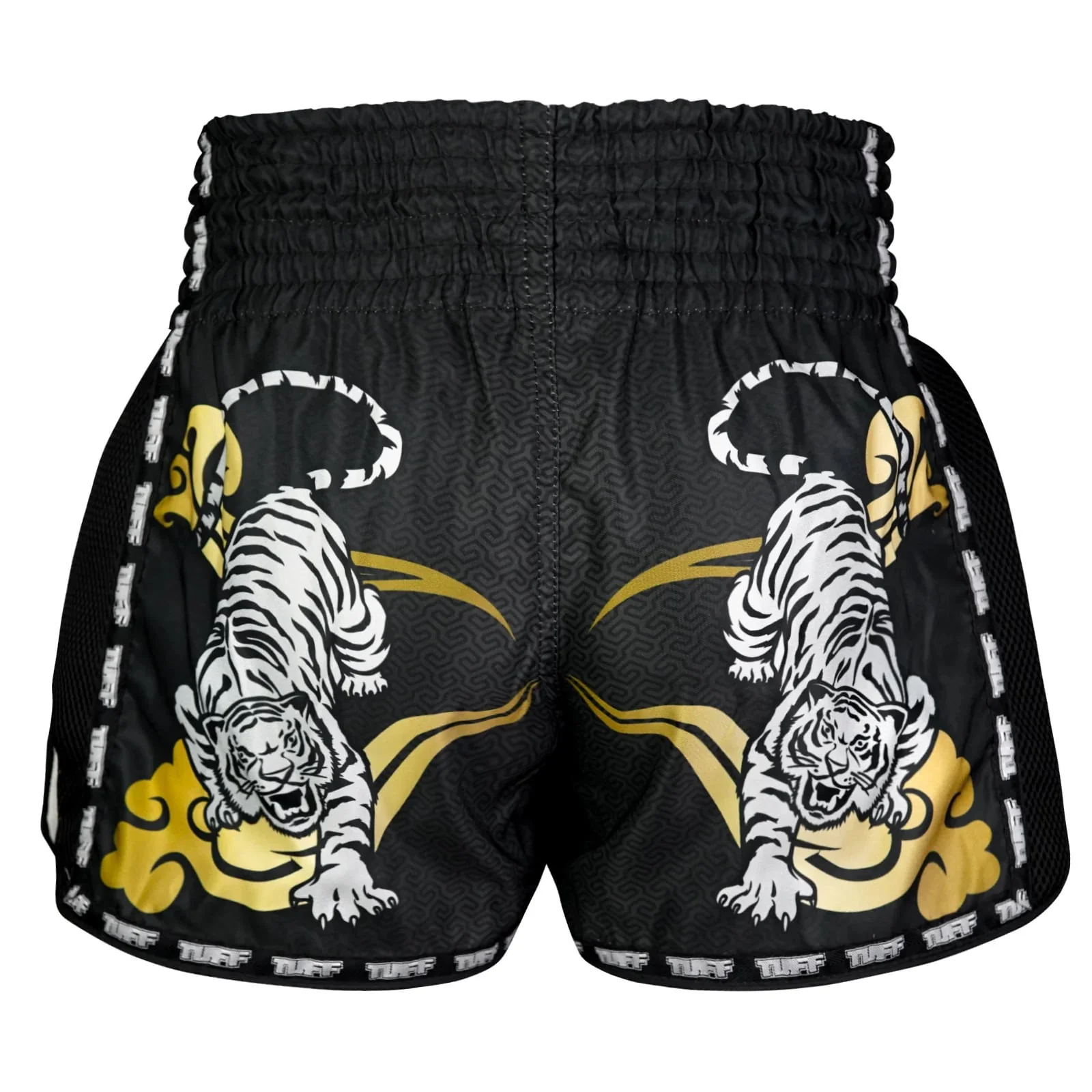 MSC120 TUFF Muaythai Shorts Retro Style Black Twin Tiger - Image 3