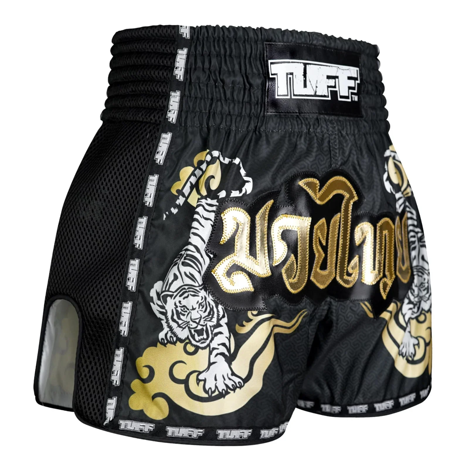 MSC120 TUFF Muaythai Shorts Retro Style Black Twin Tiger - Image 4