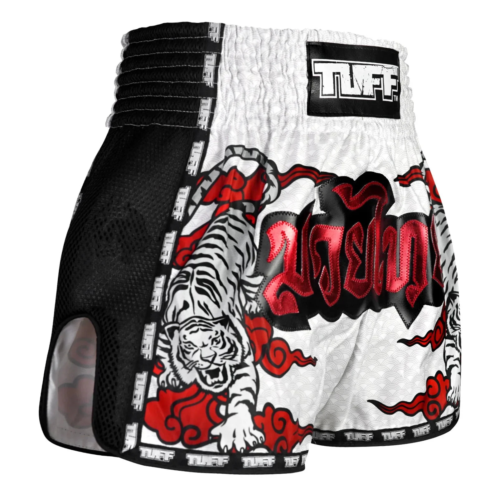 MSC121 TUFF Muaythai Shorts Retro Style White Twin Tiger - Image 4