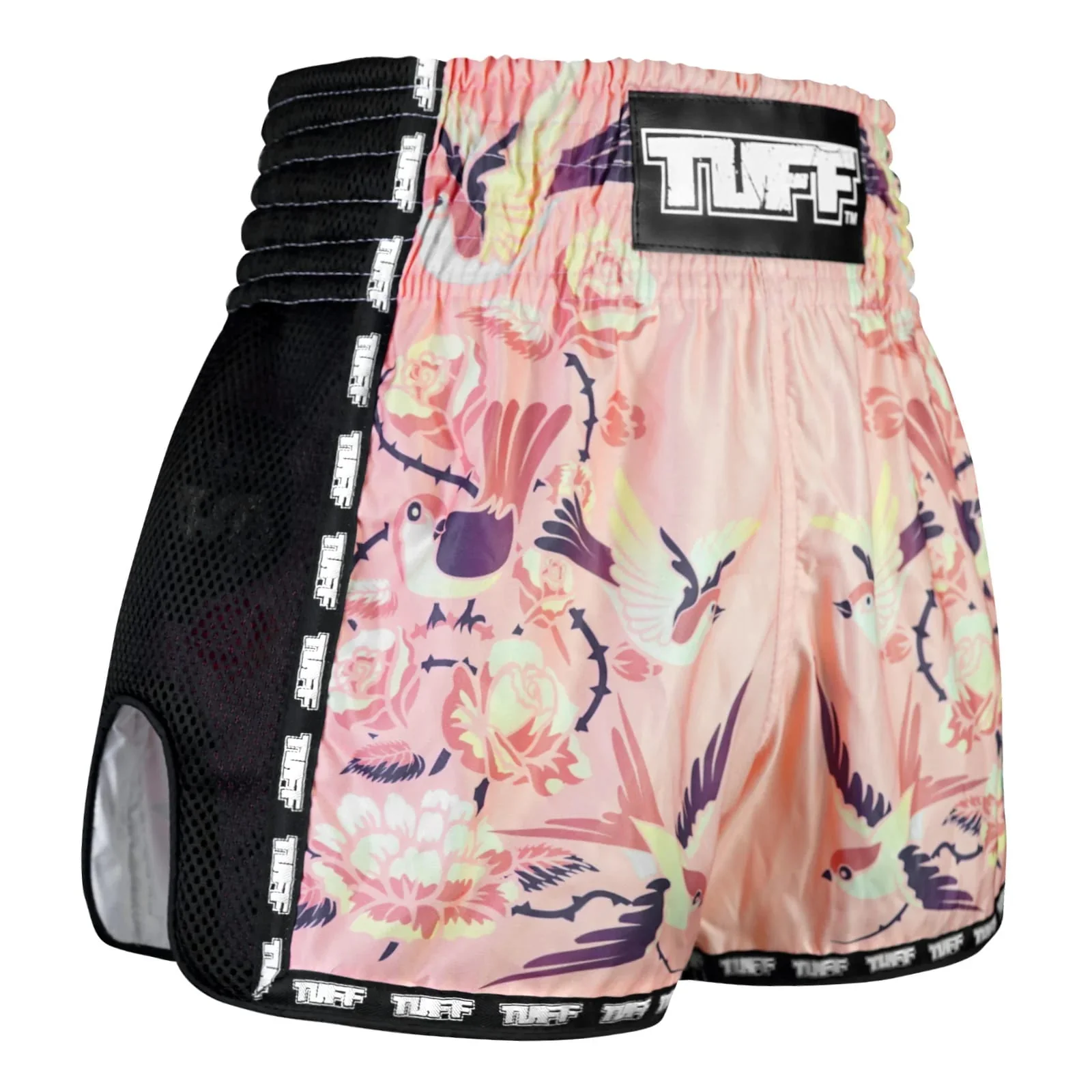 MSC123 TUFF Muaythai Shorts Retro Style Pink Birds With Roses - Image 4