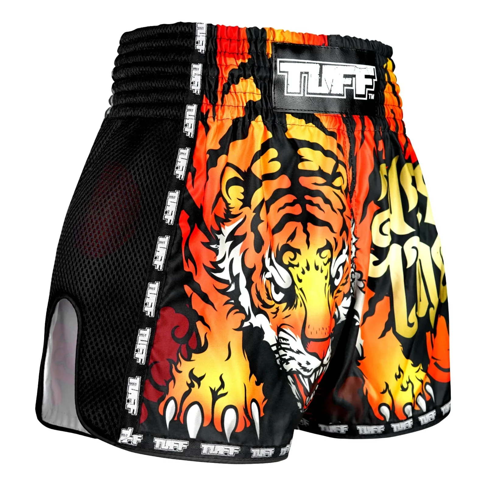 MSC125 TUFF Muaythai Shorts Retro Style Black Furious Tiger - Image 4