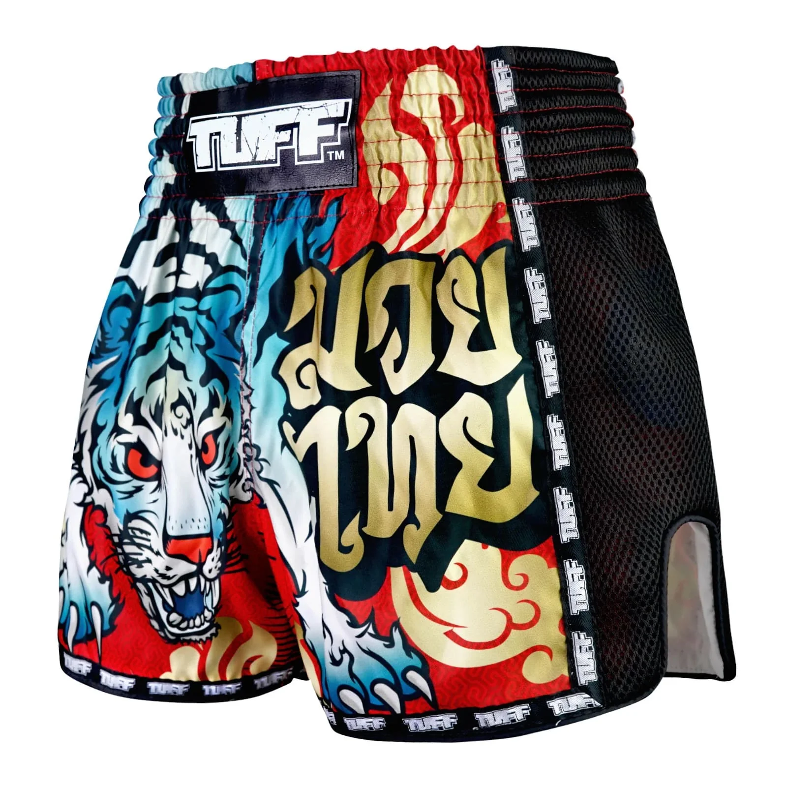 MSC126 TUFF Muaythai Shorts Retro Style Red Furious Tiger - Image 2